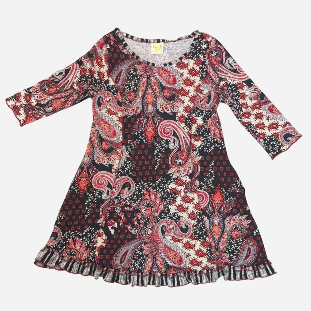 Handmade womens L babydoll dress‎ paisley jersey ruffle hem pockets